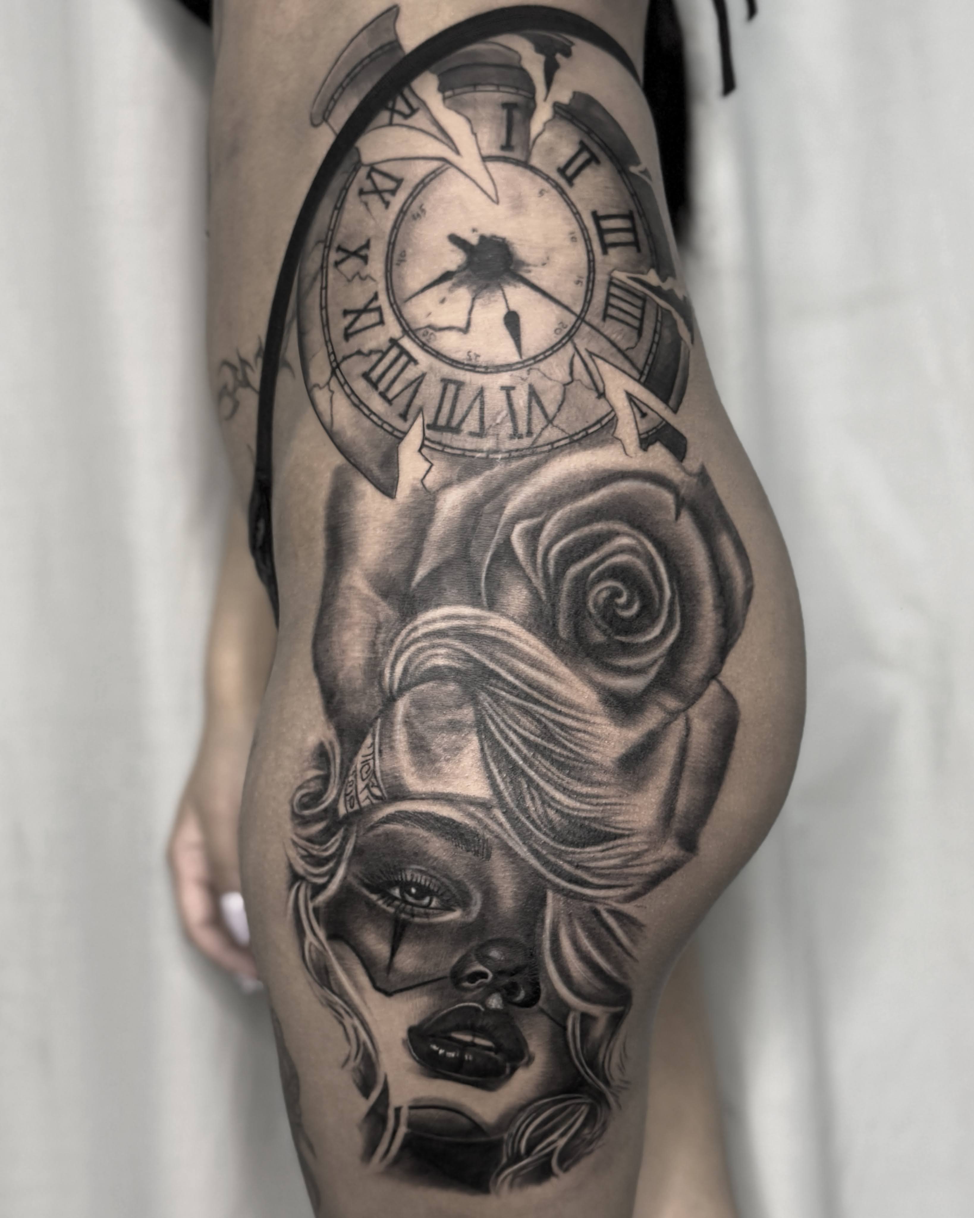Clock and Rose Tattoo Sleeve design by Diya Tattoo Artist Kathmandu Nepal