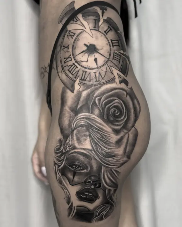Black and grey clock, rose and woman portrait hip and thigh tattoo by Diya Tattoo, Kathmandu
