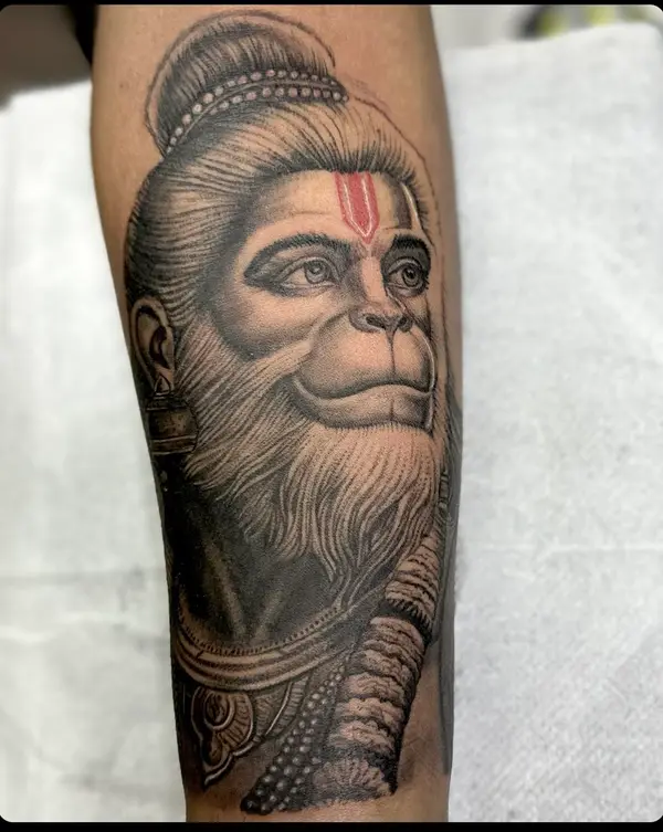 Realistic Lord Hanuman portrait forearm tattoo by Diya Tattoo, Kathmandu, Nepal