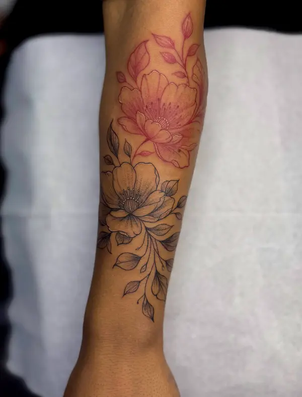 Red and black fine line flower forearm tattoo for women by Diya Tattoo, Kathmandu
