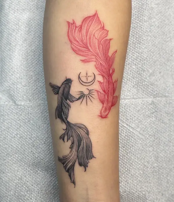 Red and black koi fish forearm tattoo with fine line sun and moon by Diya Tattoo, Kathmandu